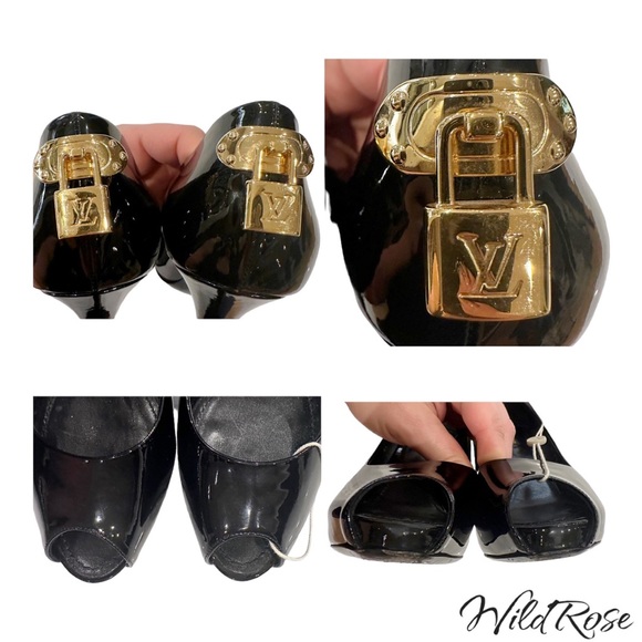 LOUIS VUITTON LV Gold Padlock Black Patent Oh Really Platform Peep Toe Pumps 38 - Picture 17 of 17